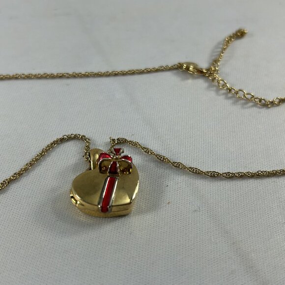 Premier Designs Gold Tone Wrapped Heart Locket Necklace Red Bow 21" Long - Picture 2 of 9